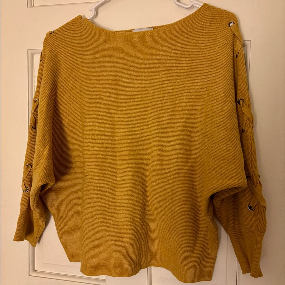 Carmen Marc Valvo Mustard Sweater with Lace-Up Detail